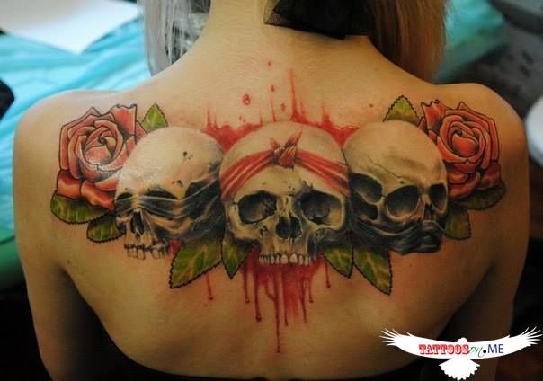 3D Skulls With Rose Tattoo On Upper Back