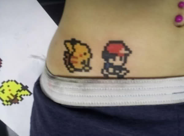 8 Bit Ash And Pikachu Pokemon Tattoo Design For Lower Back