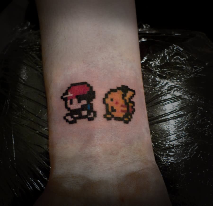 8 Bit Ash And Pikachu Pokemon Tattoo Design For Wrist By Anthony Noble