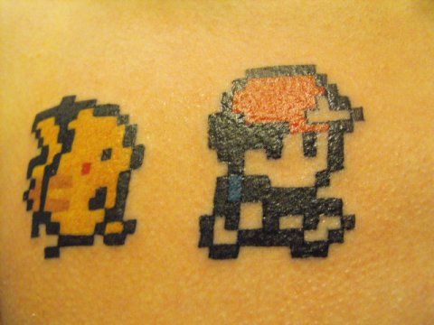 8 Bit Ash And Pikachu Pokemon Tattoo Design