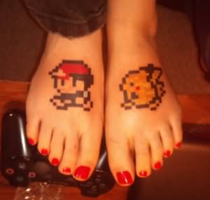 8 Bit Ash And Pikachu Pokemon Tattoo On Girl Feet