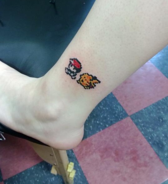 8 Bit Ash And Pikachu Pokemon Tattoo On Leg