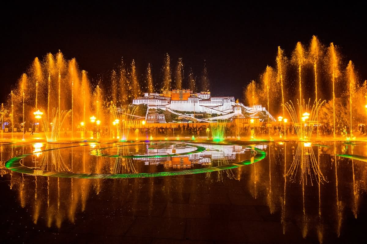 Adorable Music Fountain In Front Of Potala Palace At Night