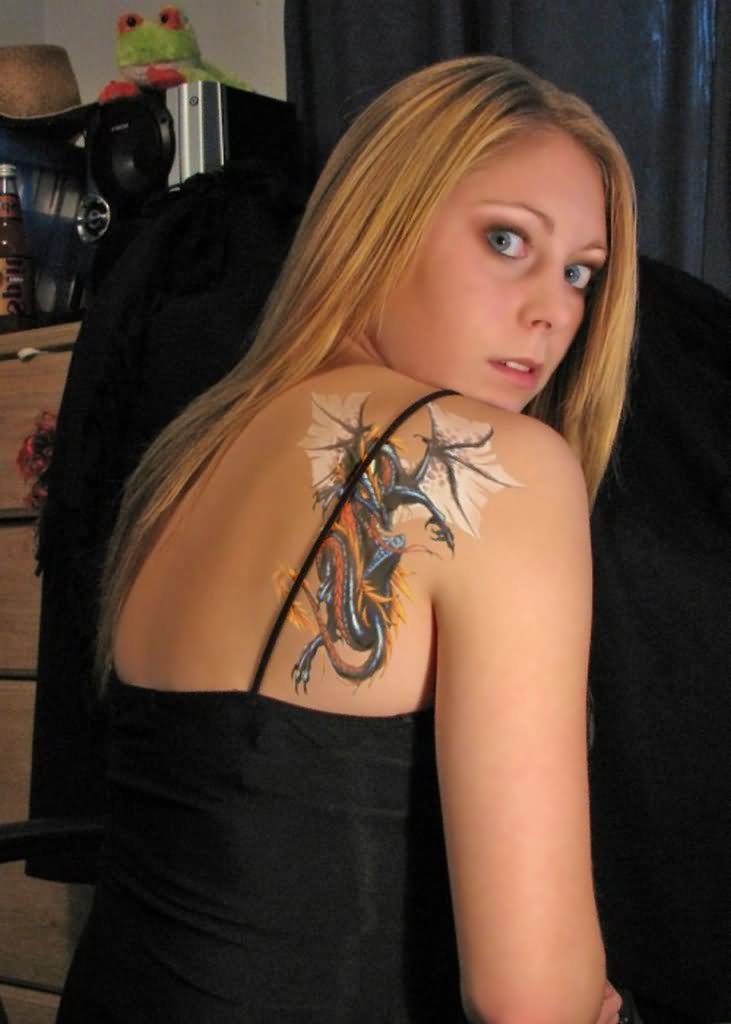 Amazing Colorful Dragon Tattoo On Girl Upper Side Back