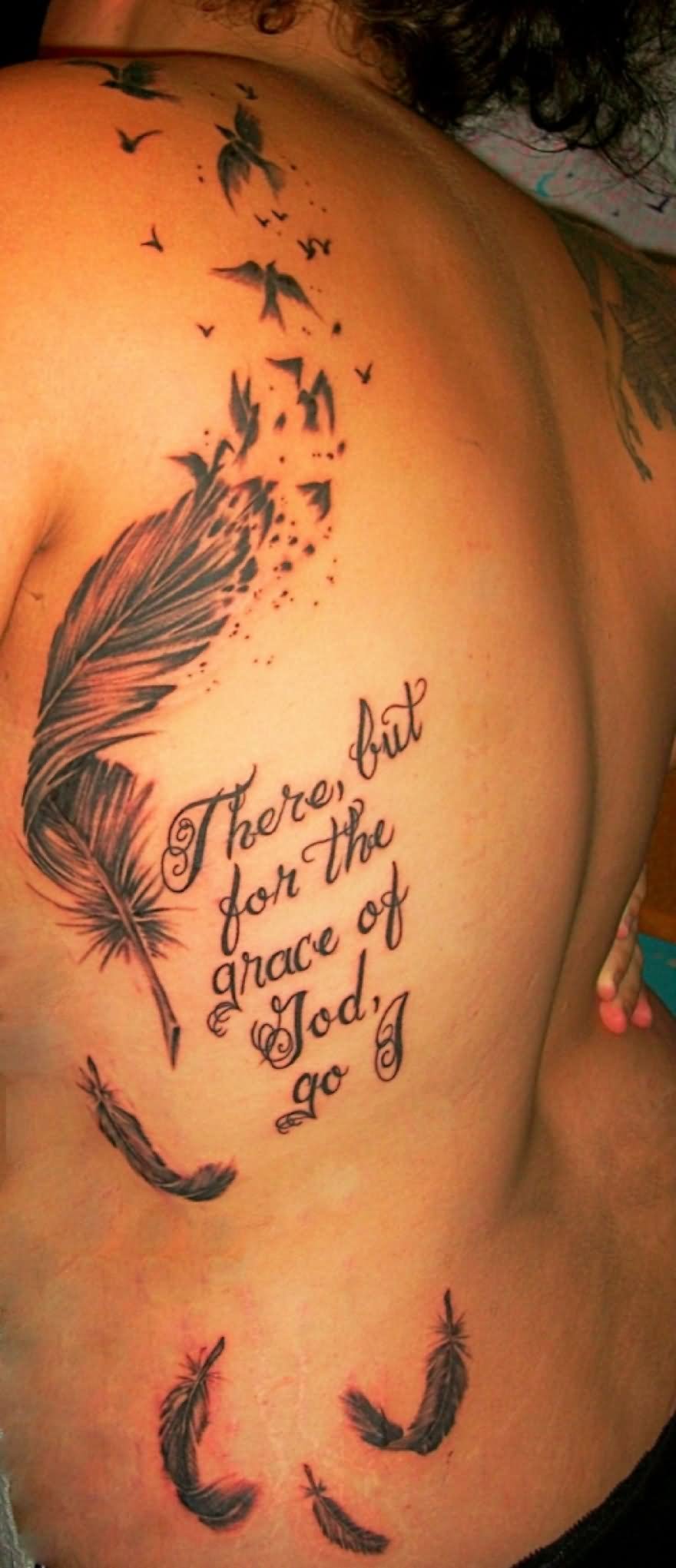 Amazing Feather With Flying Birds Tattoo On Upper Side Back