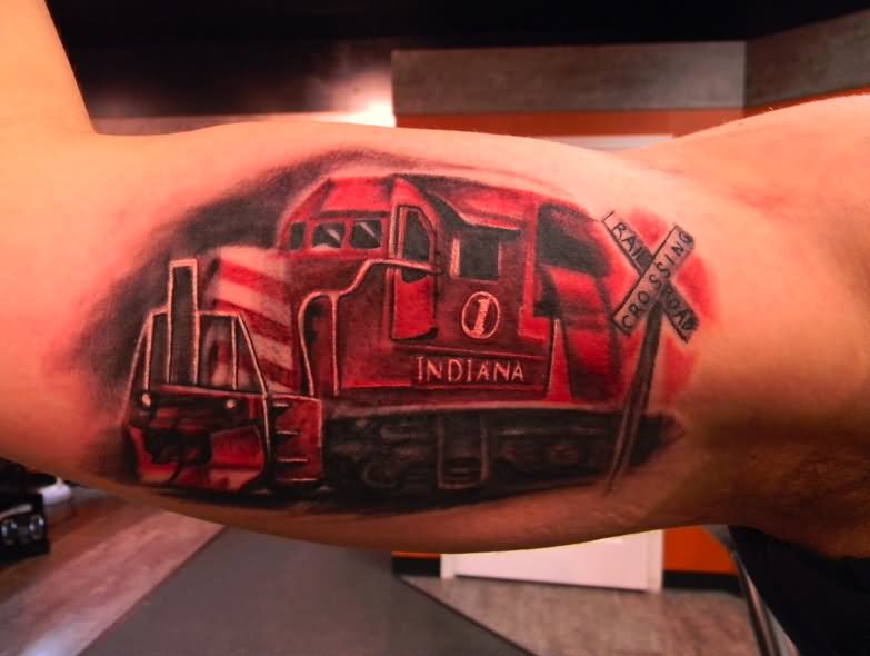 Amazing Freight Train Tattoo Design For Bicep