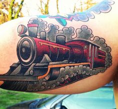 Amazing Traditional Train Tattoo Design For Bicep