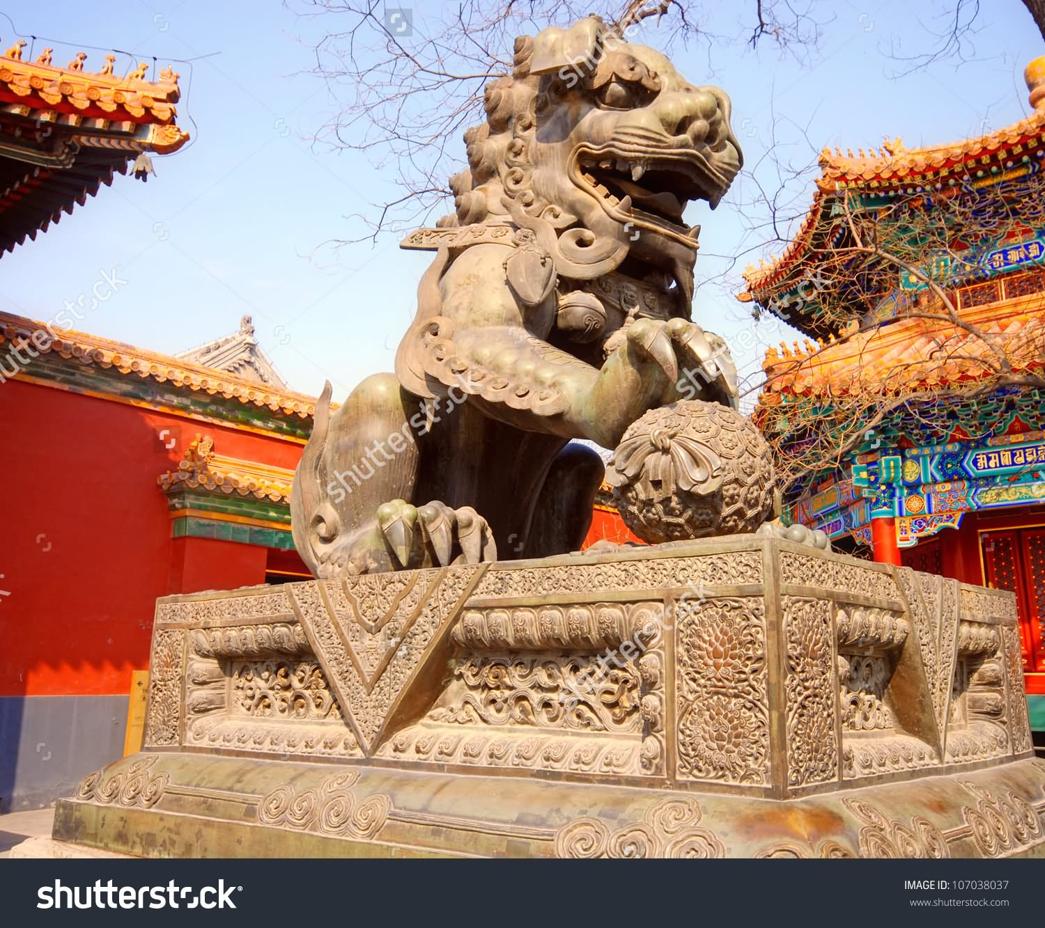 Ancient Bronze Lion Statue Inside The Yonghe Temple
