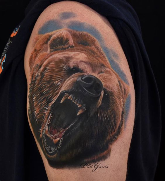 Angry Bear Head Tattoo On Shoulder