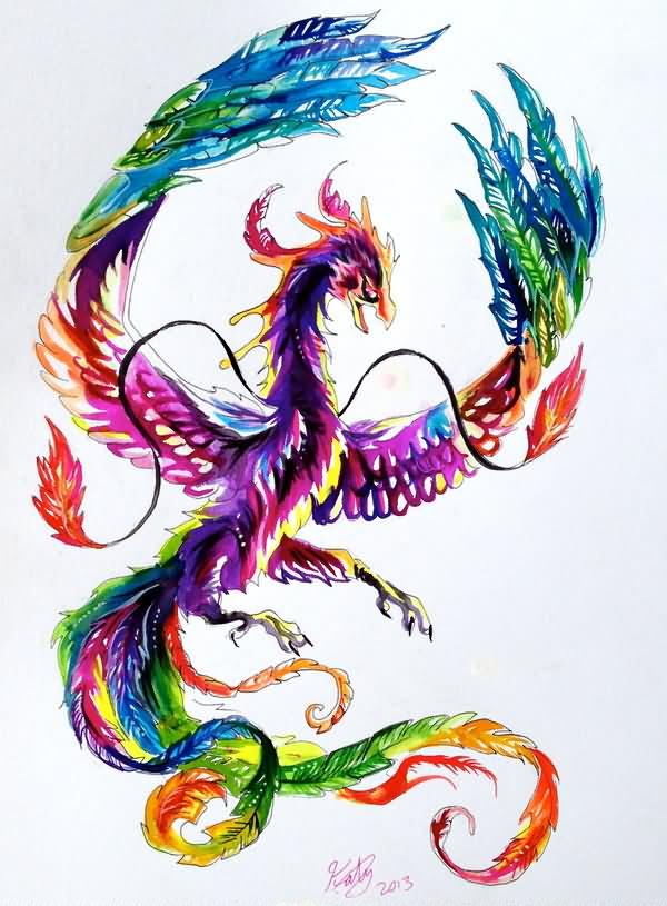 Attractive Colorful Phoenix Tattoo Design By Katy Lipscomb