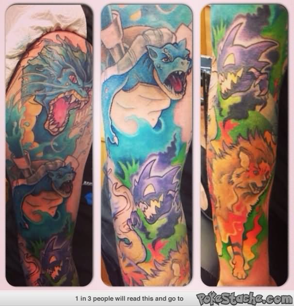 Attractive Colorful Pokemons Tattoo Design For Sleeve