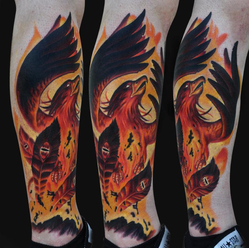 Attractive Flaming Phoenix Tattoo Design For Leg