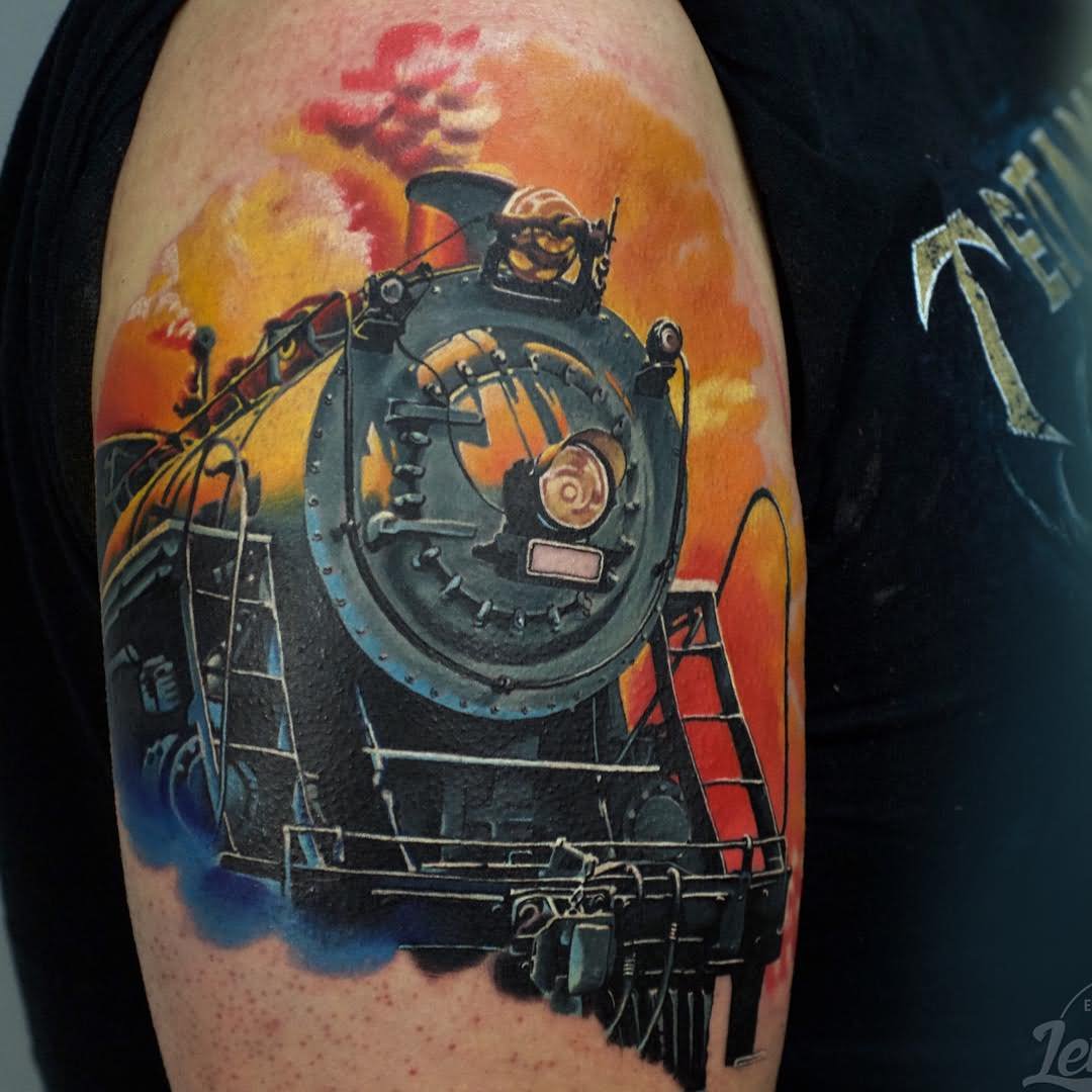 Attractive Steam Train Engine Tattoo On Half Sleeve