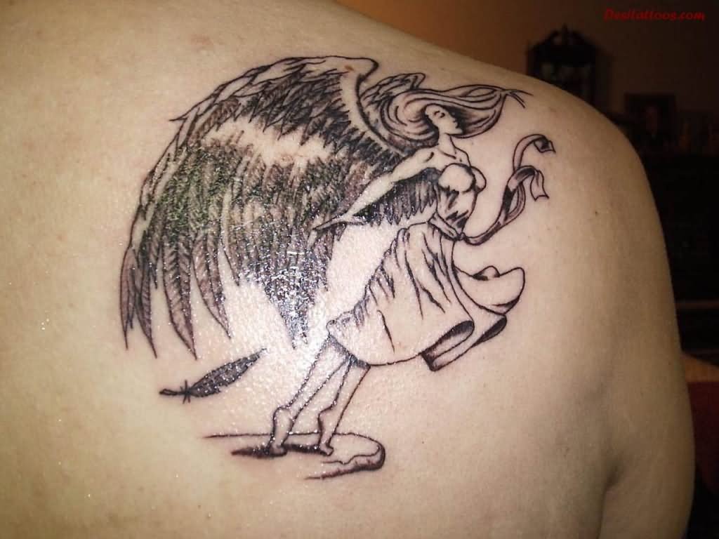 Awesome Angel Tattoo On Upper Right Back