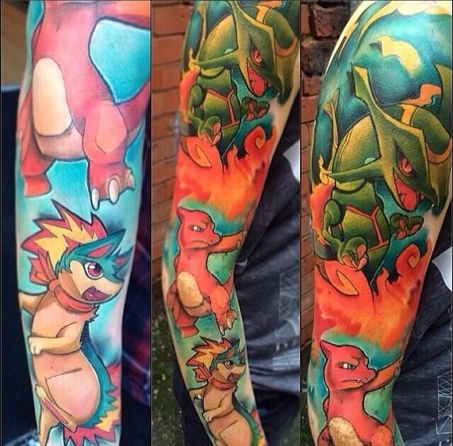 Awesome Colorful Pokemons Tattoo Design For Sleeve