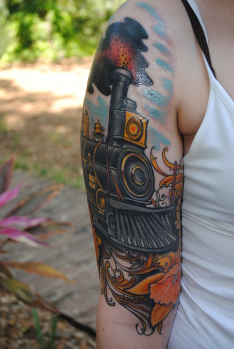 Awesome Old Train Engine Tattoo On Right Half Sleeve