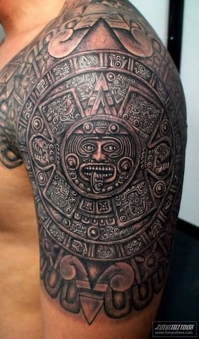 Aztec Tattoo On Man Left Shoulder