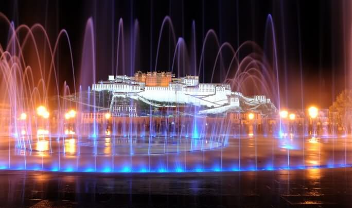 Beautiful Musical Fountains In Front Of Potala Palace Night View