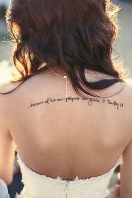 Because Of His Own Purpose And Grace Quote Tattoo On Girl Upper Back