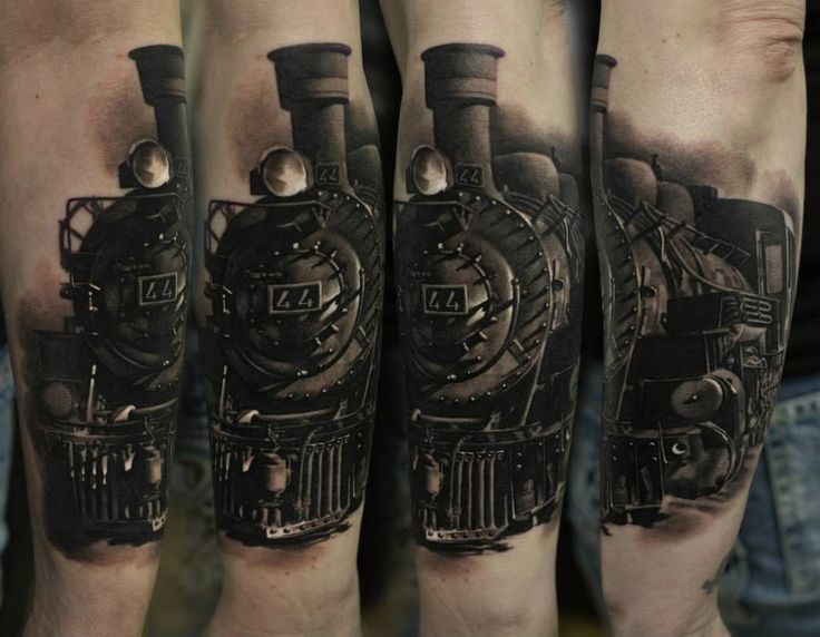 Black And Grey 3D Old Train Engine Tattoo Design For Sleeve By Dennis Sivak