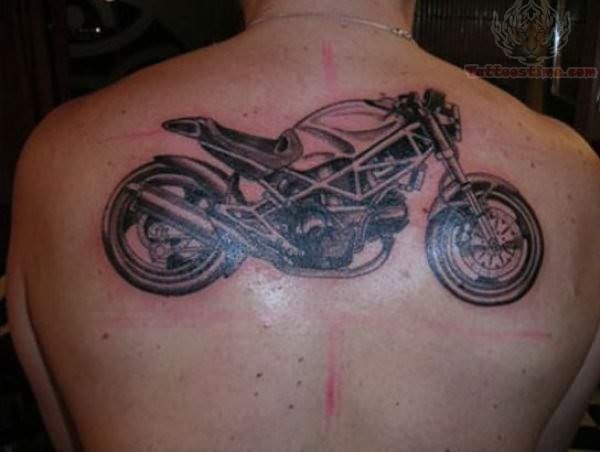Black And Grey Bike Tattoo On Man Upper Back