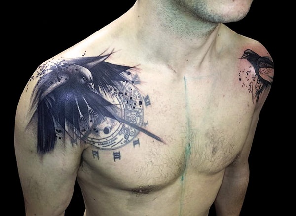 Black And Grey Birds Tattoos On Shoulder