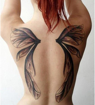 Black And Grey Fairy Wings Tattoo On Girl Upper Side Back