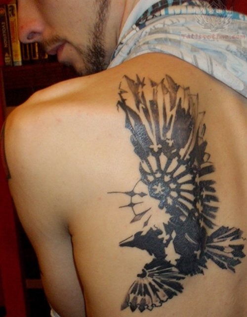 Black And Grey Flying Bird Tattoo On Left Back Shoulder