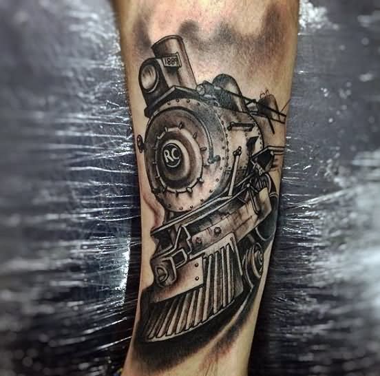 Black And Grey Old Train Engine Tattoo Design For Sleeve
