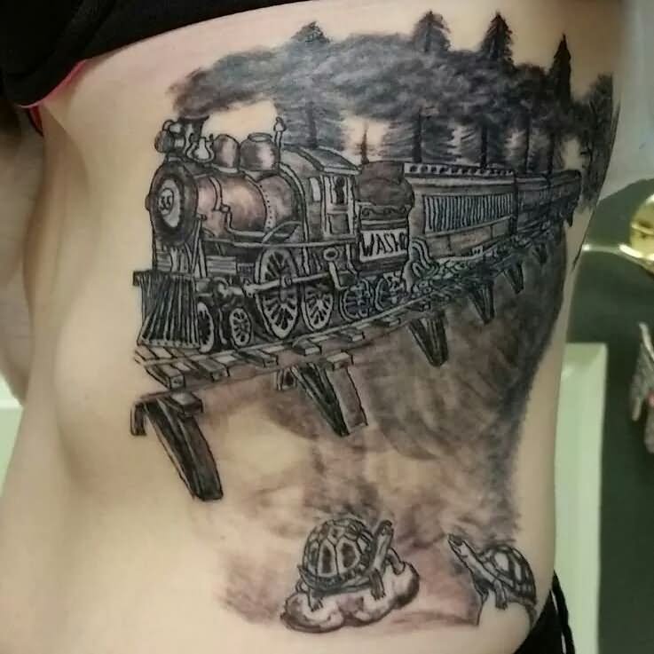 Black And Grey Old Train Tattoo Design For Side Rib