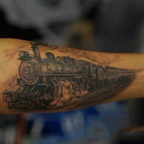 Black And Grey Steam Train Tattoo Design For Forearm