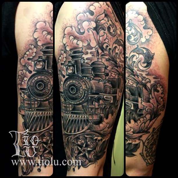 Black And Grey Steam Train Tattoo Design For Half Sleeve