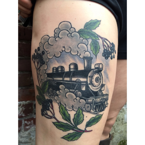 Black And Grey Steam Train Tattoo Design For Thigh