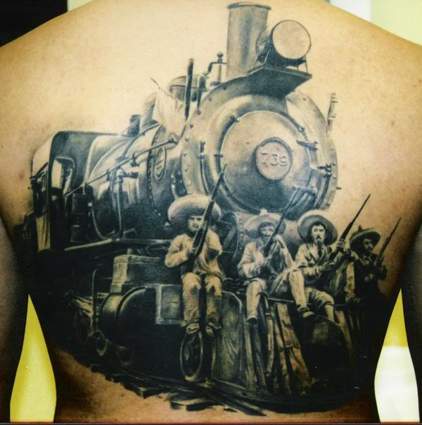 Black And Grey Steam Train Tattoo On Full Back
