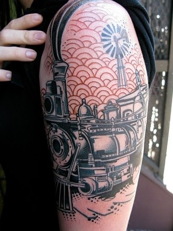 Black And Grey Steam Train Tattoo On Half Sleeve