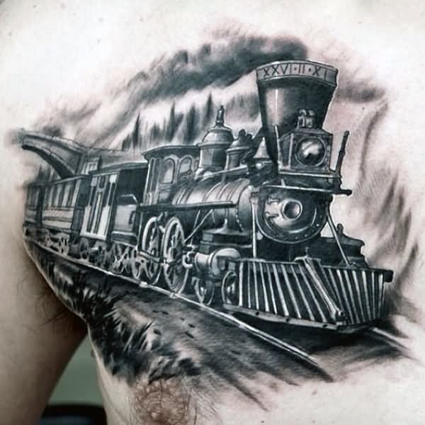 Black And Grey Steam Train Tattoo On Man Chest