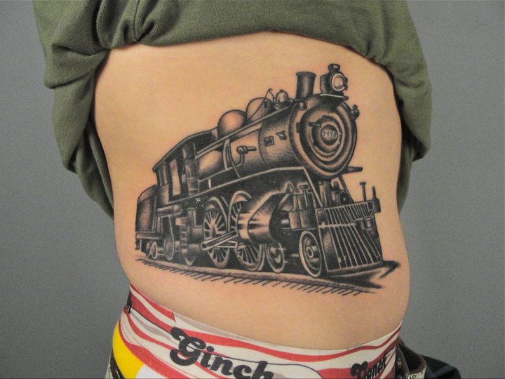 Black And Grey Steam Train Tattoo On Side Rib By Annie Lloyd