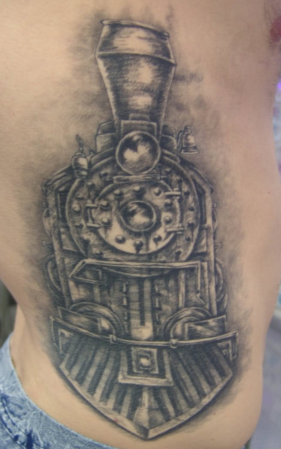 Black And Grey Steam Train Tattoo On Side Rib