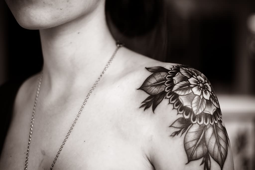 Black And Grey Tattoo On Left Shoulder by Alice Carrier