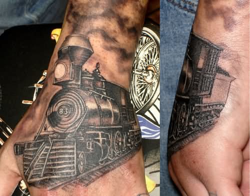 Black And Grey Traditional Train Tattoo On Hand