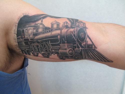 Black And Grey Train Engine Tattoo On Half Sleeve