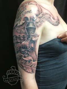 Black And Grey Train Tattoo On Girl Right Half Sleeve