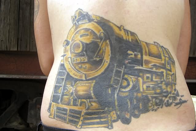 Black And Yellow Steam Train Tattoo On Lower Back