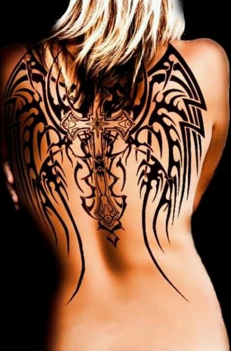 Black Cross With Tribal Wings Tattoo On Girl Upper Back