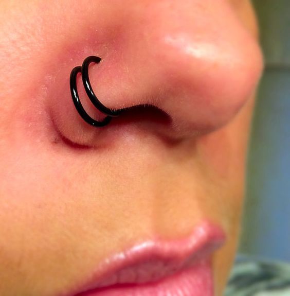 Black Hoop Rings Double Nose Piercing