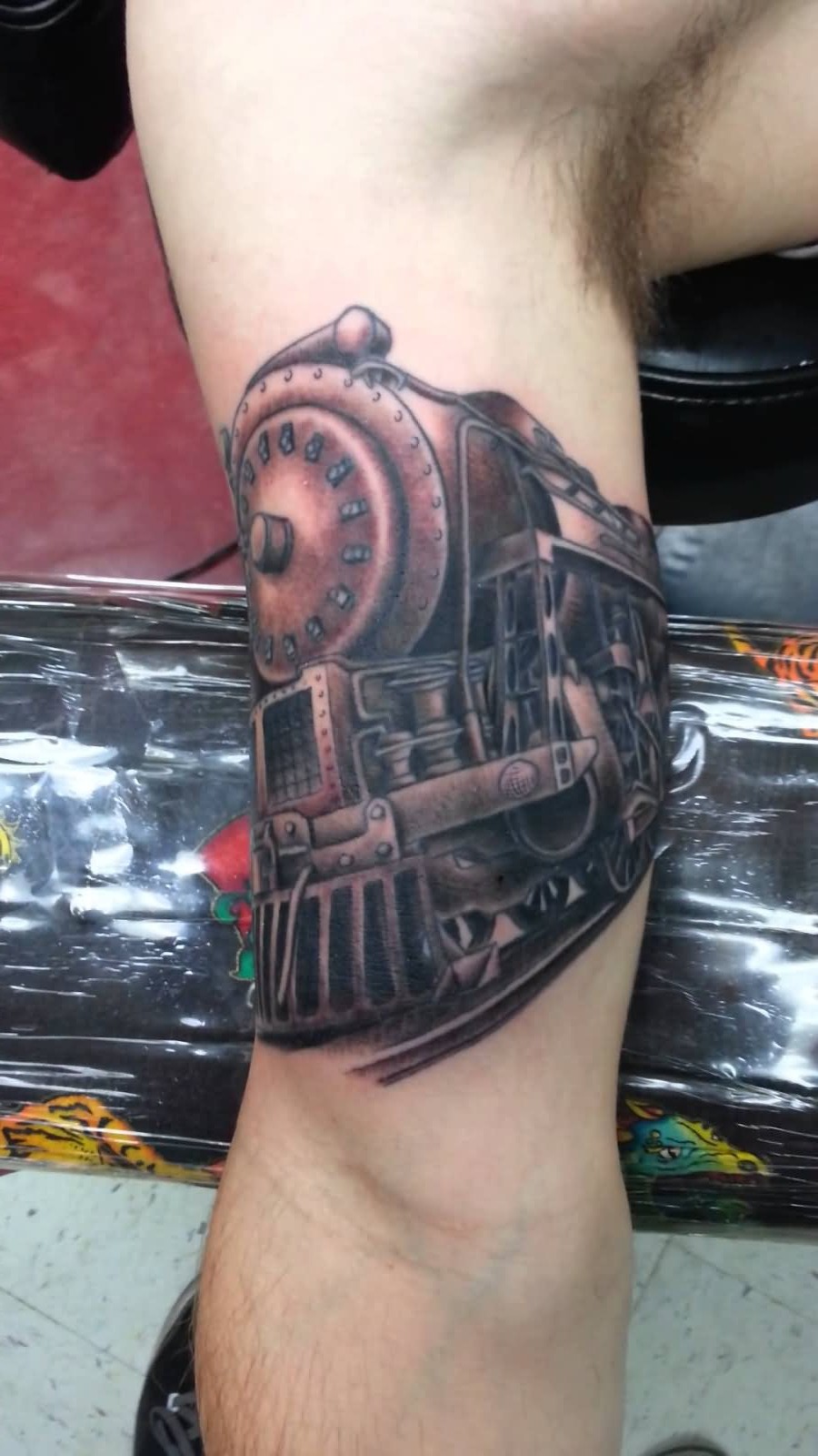 Black Ink 3D Train Engine Tattoo On Half Sleeve