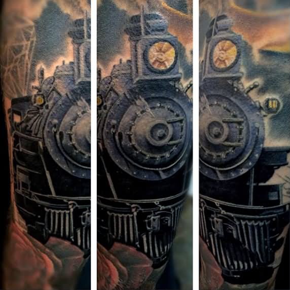 Black Ink 3D Train Tattoo Design For Sleeve