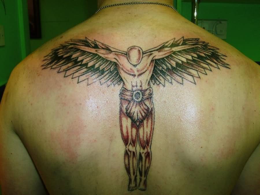 Black Ink Angel Tattoo On Man Upper Back By Sam Jones