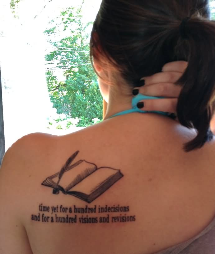 Black Ink Book Tattoo On Girl Upper Side Back