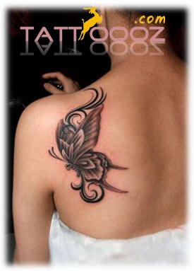 Black Ink Butterfly Tattoo On Girl Upper Side Back